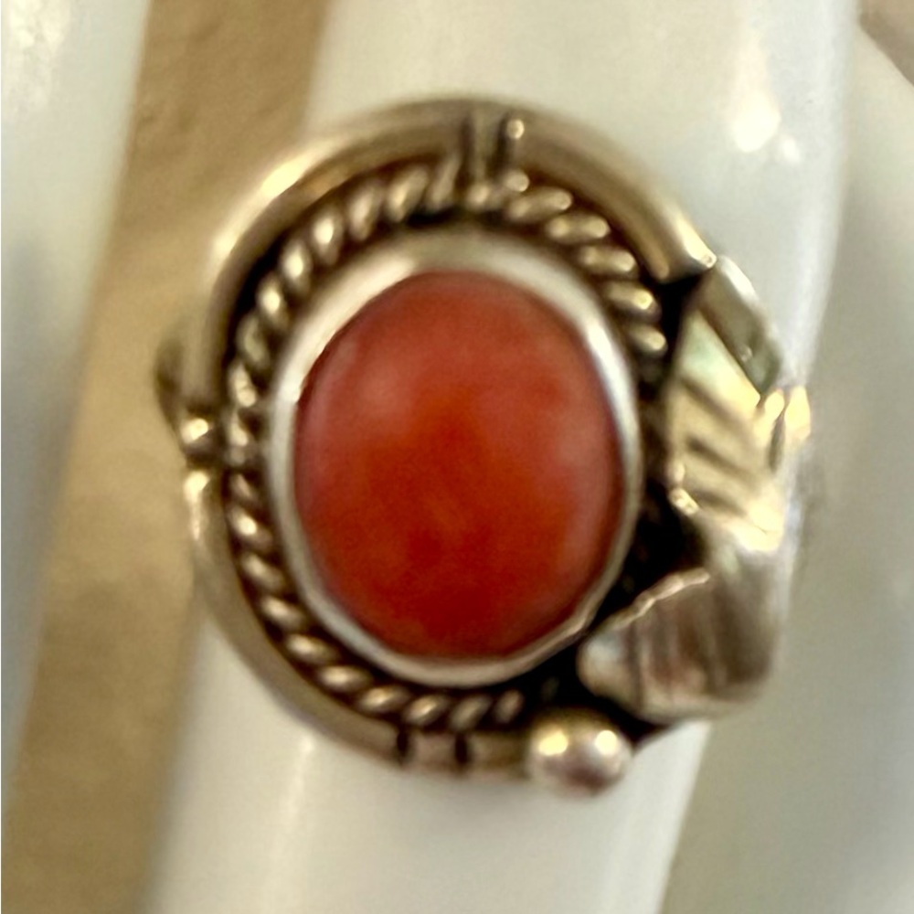 Sterling Silver Ring w/ Coral Cabochon and Rope Detail from Navaho Pawn